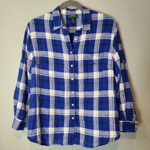 Lauren Ralph Lauren Womens Linen Button Down Shirt Sz 3X Preppy Plaid Old Money